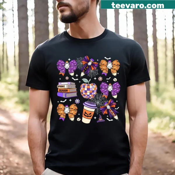 Cute Halloween T-shirt with ghost and coquette bow design