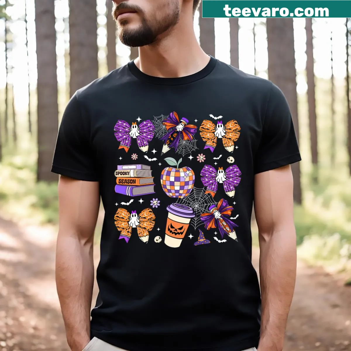 Cute Halloween T-shirt with ghost and coquette bow design — on a men's t-shirt