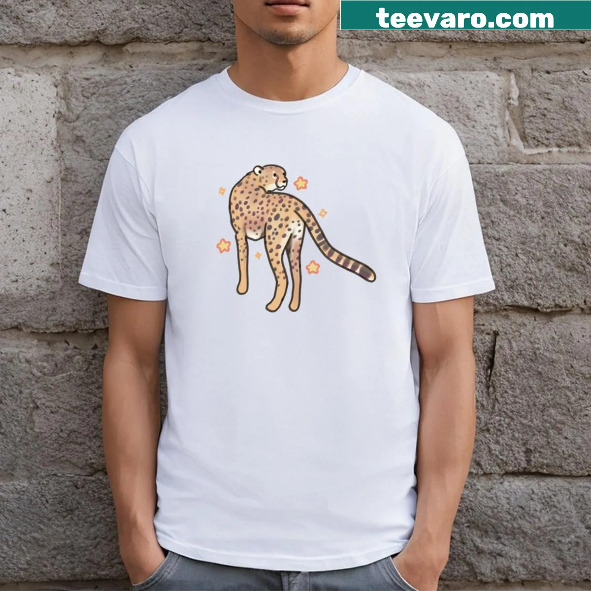 Cute T-shirt featuring a playful cheetah illustration — on a men's t-shirt