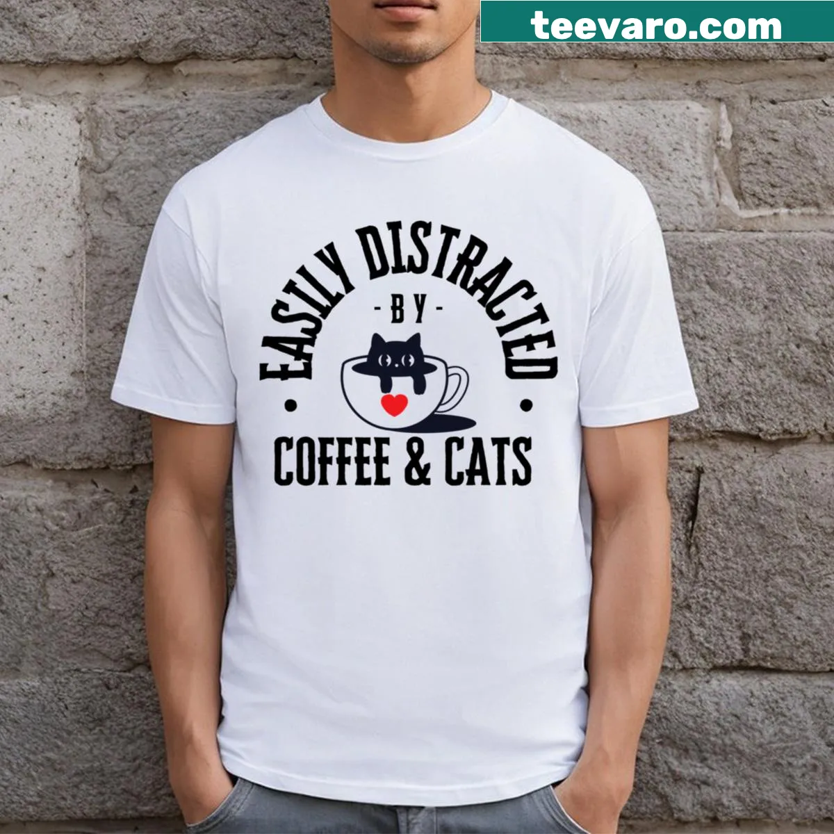 Funny cat and coffee graphic on T-shirt — on a men's t-shirt
