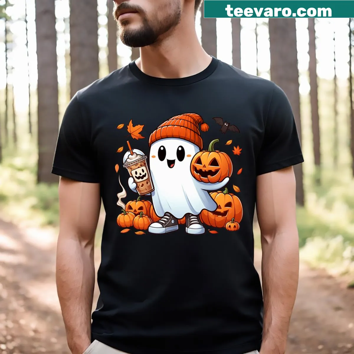 Cute Halloween ghost drinking iced coffee, whimsical design — on a men's t-shirt