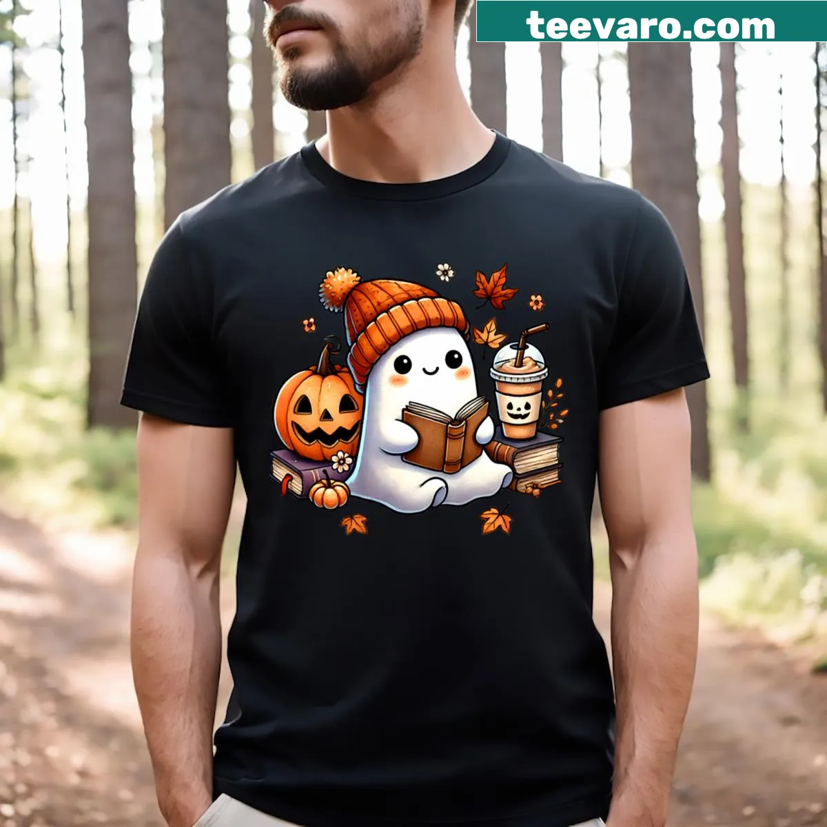 Cute ghost reading a book with coffee, Halloween theme — on a men's t-shirt