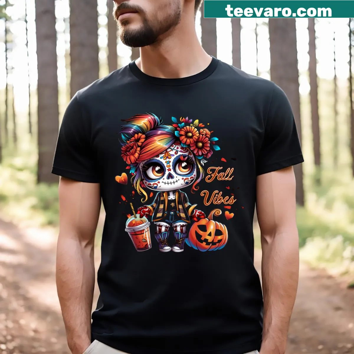 Adorable skull girl illustration on a fall-themed T-shirt — on a men's t-shirt