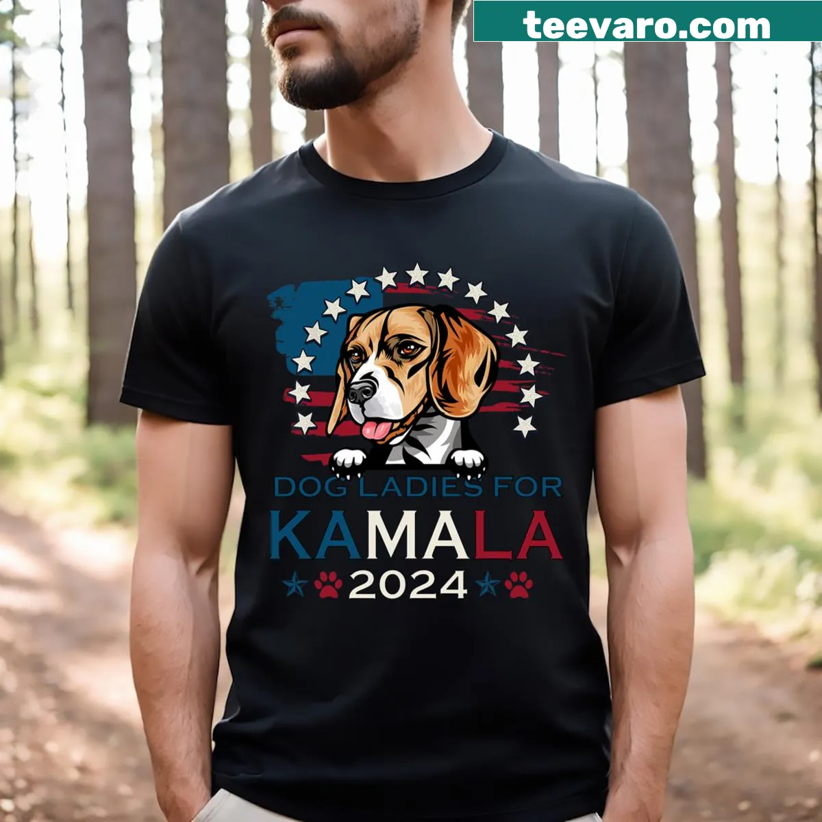 T-shirt featuring 'Dog Ladies For Kamala Harris 2024' with beagle graphic — on a men's t-shirt