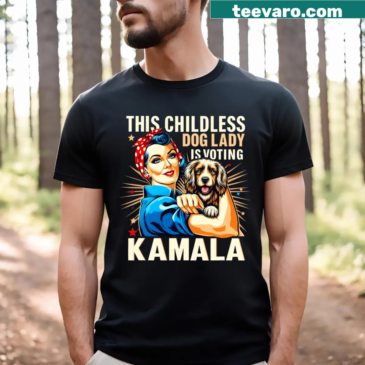Funny tee stating 'This Childless Dog Lady Is Voting Kamala' — on a men's t-shirt