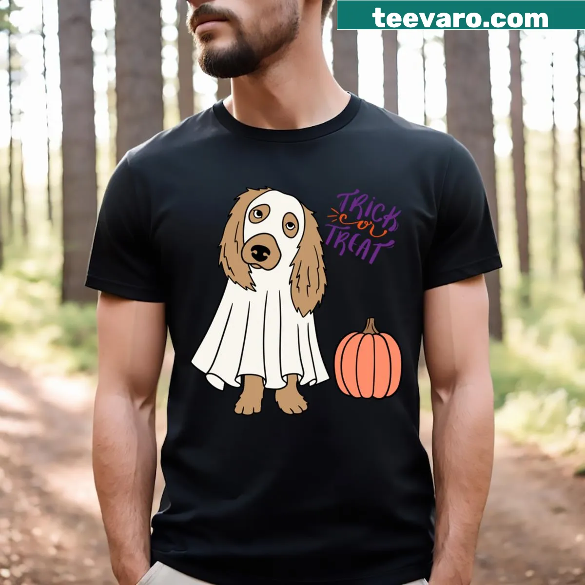 Humorous Halloween t-shirt featuring a dog in a trick or treat costume — on a men's t-shirt