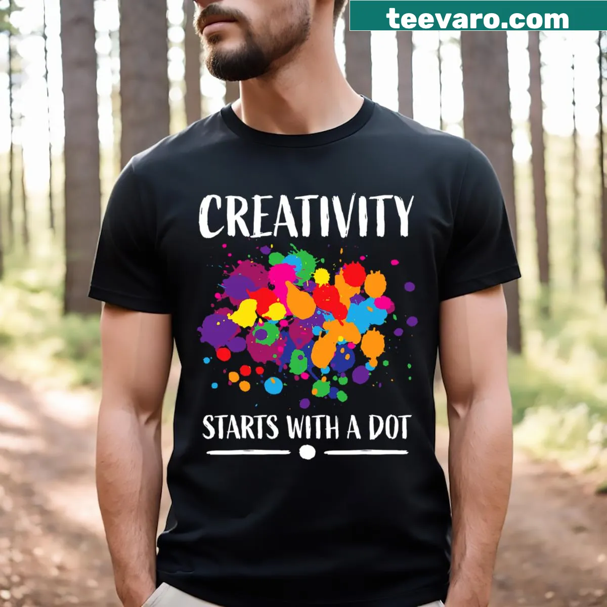 Illustrated Dot Day T-shirt featuring playful dot designs — on a men's t-shirt