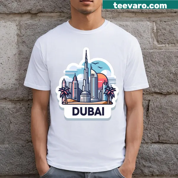 Stylish typography design featuring Dubai skyline on T-shirt