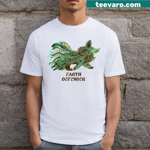 Whimsical forest dog design on a nature-themed T-shirt