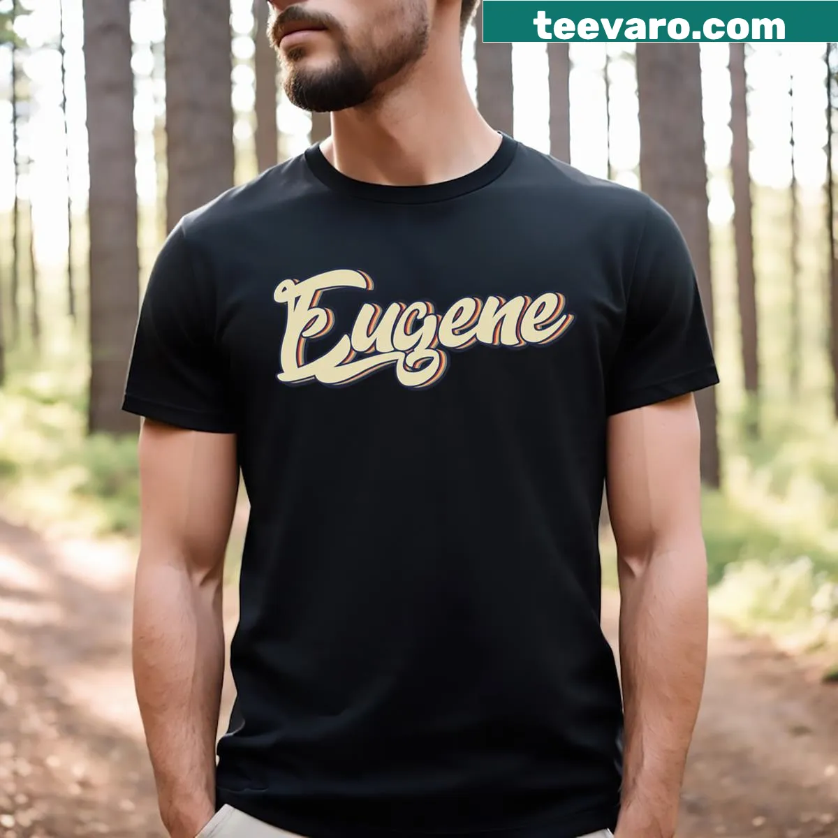 Illustrated Eugene Oregon T-shirt depicting local culture — on a men's t-shirt