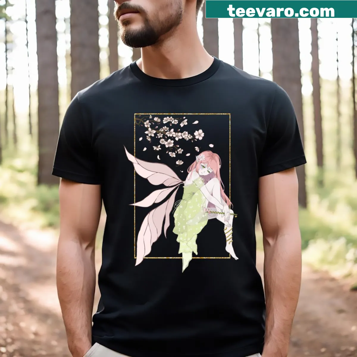 T-shirt with a cute illustration of a fairy among flowers — on a men's t-shirt