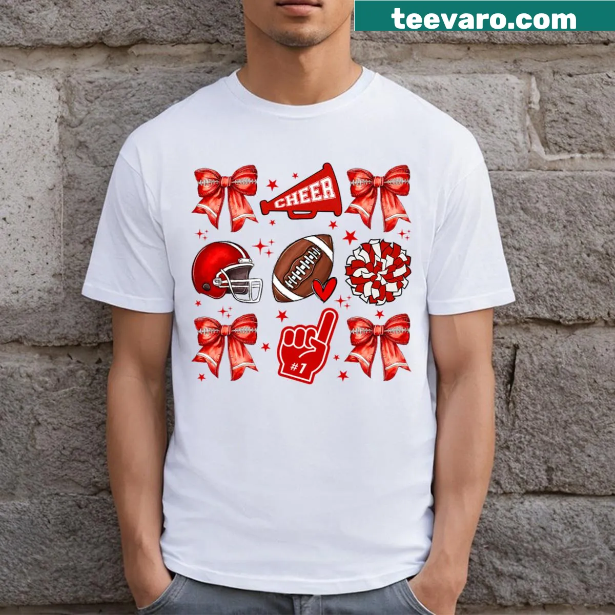 Cute kids Football Mom t-shirt with bow and football graphics — on a men's t-shirt
