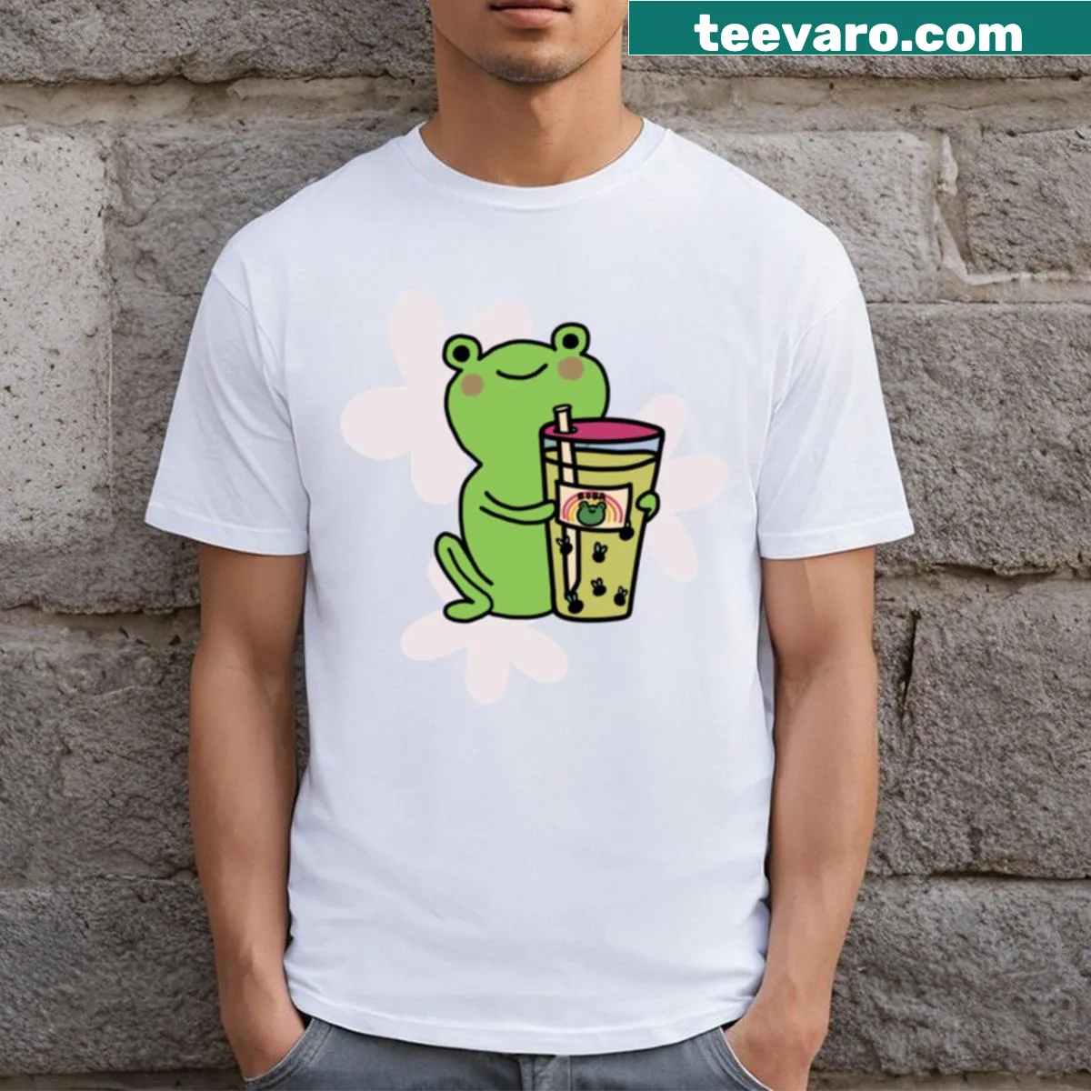 Funny T-shirt showing frogs enjoying bubble tea — on a men's t-shirt