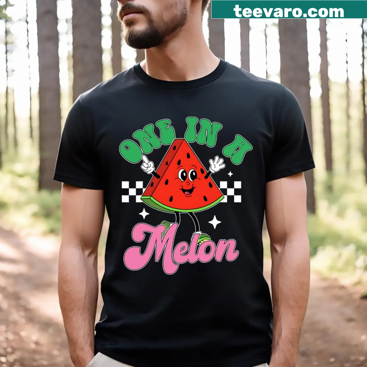 Retro-style t-shirt featuring a cute watermelon graphic and the phrase 'One In A Melon'. — on a men's t-shirt