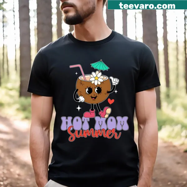 Cute coconut design with 'Hot Mom' text in retro style on a T-shirt