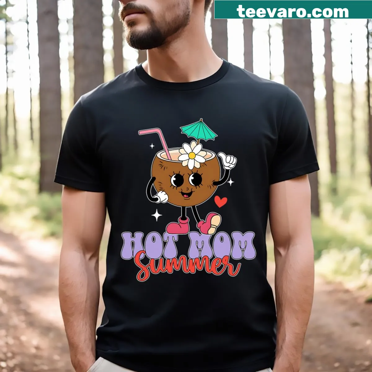 Cute coconut design with 'Hot Mom' text in retro style on a T-shirt — on a men's t-shirt