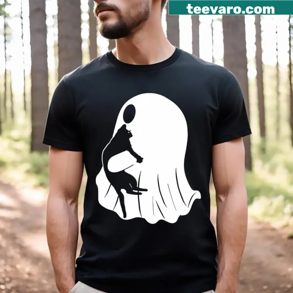 Halloween-themed t-shirt featuring a ghostly black cat