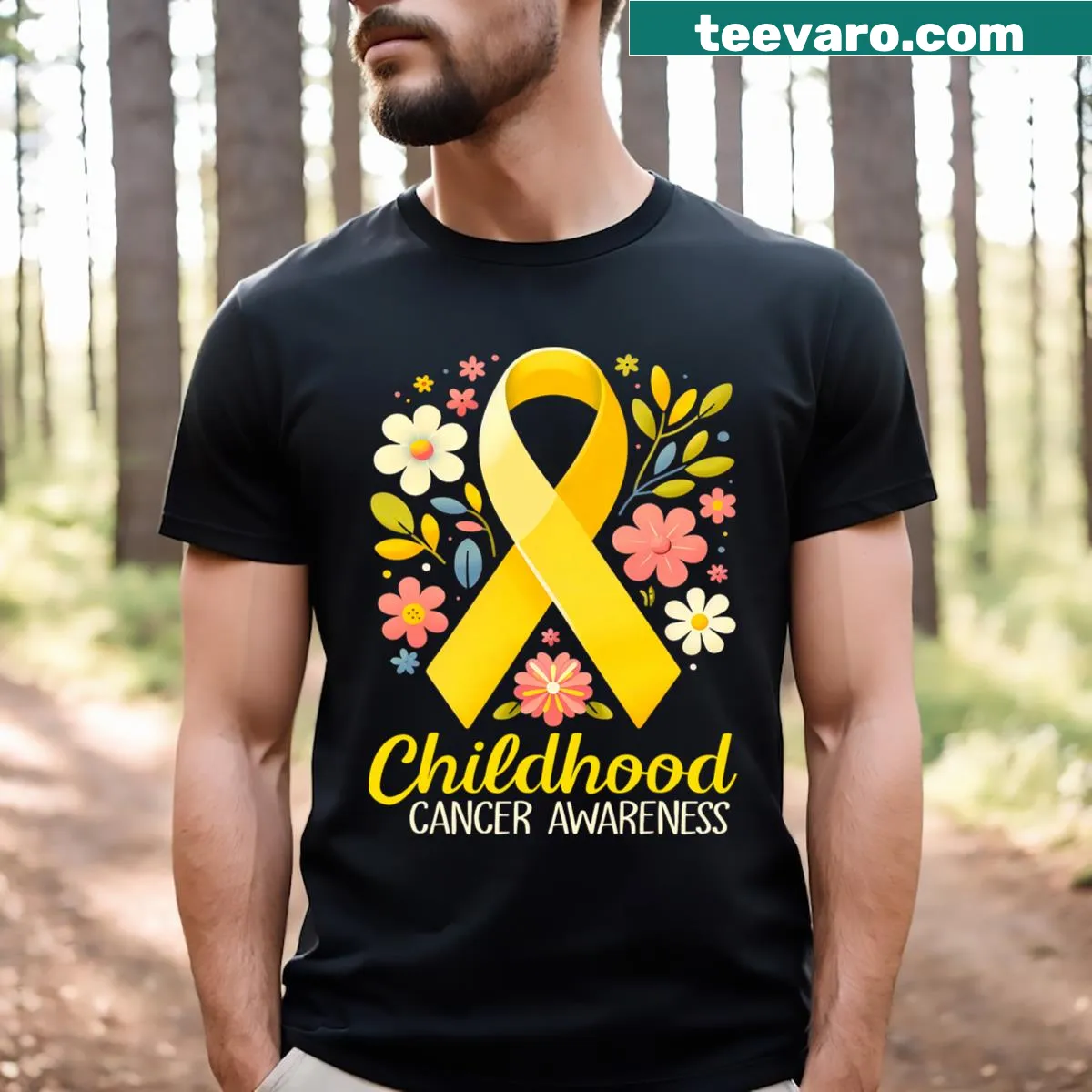Gold Ribbon Childhood Cancer Awareness T-shirt for kids with illustration — on a men's t-shirt