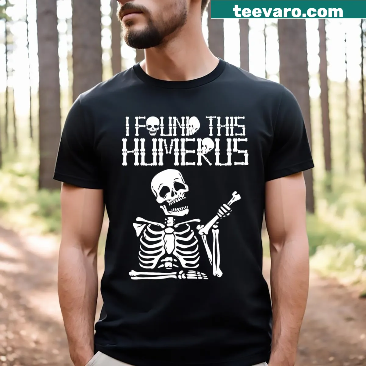 Funny Halloween T-shirt featuring a skeleton and humorous text design. — on a men's t-shirt
