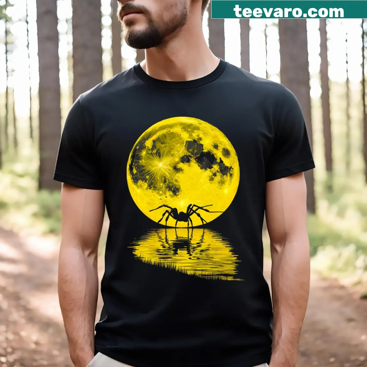 Spooky Halloween spider T-shirt design under a full moon — on a men's t-shirt
