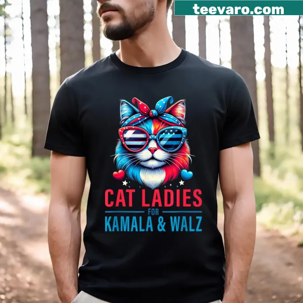 Cat-themed T-shirt supporting Kamala Harris with whimsical illustrations