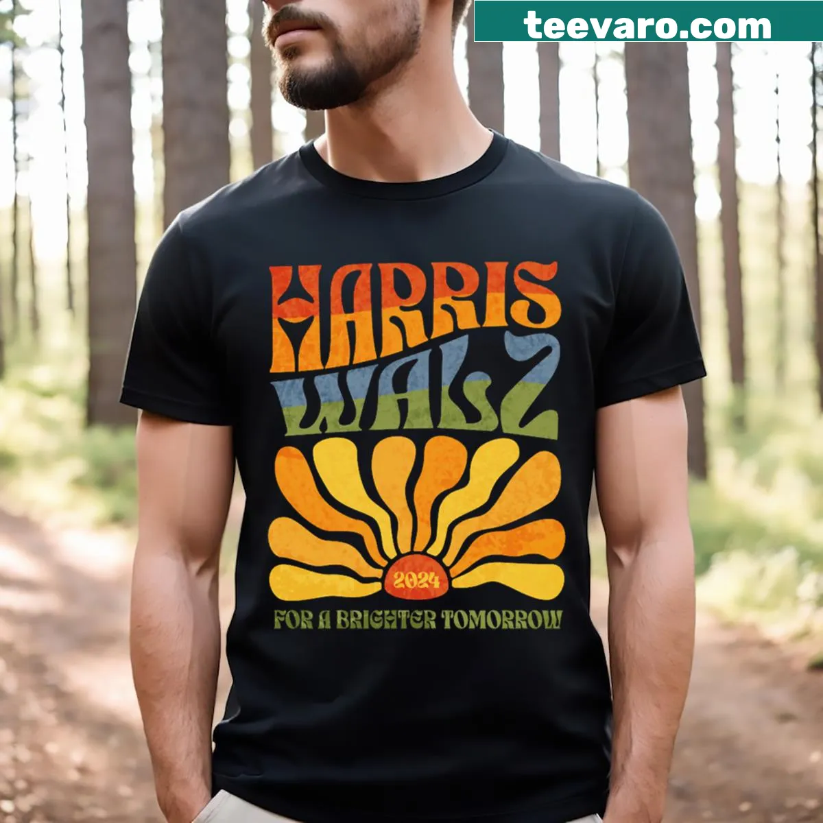 Boho retro T-shirt featuring rainbow and Kamala Harris design — on a men's t-shirt