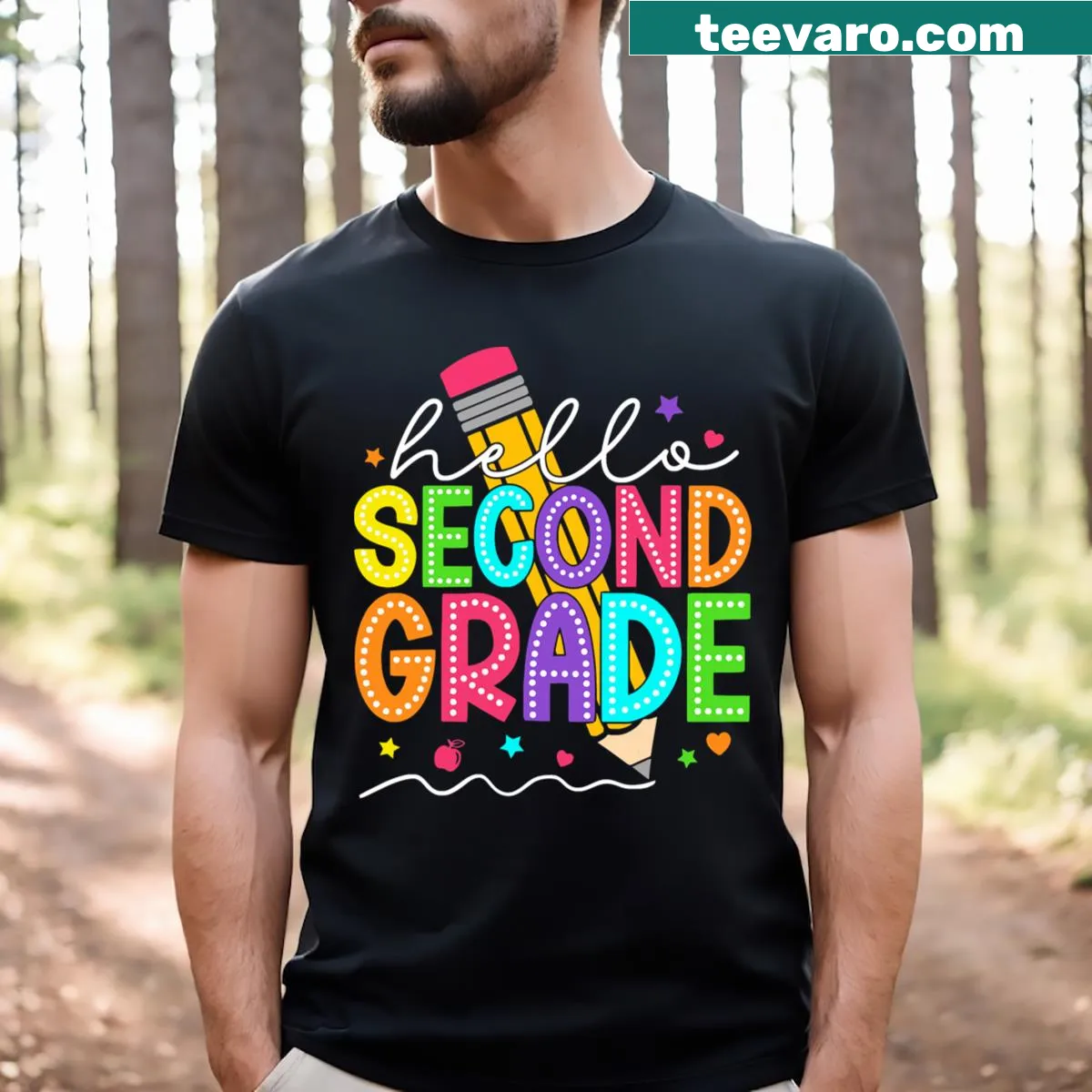 Teacher t-shirt with 'Hello Second Grade Teacher' text — on a men's t-shirt