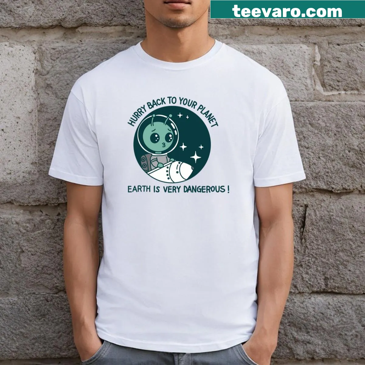 Humorous t-shirt with a quirky message about Earth — on a men's t-shirt
