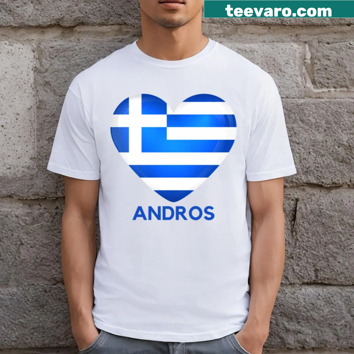 Charming t-shirt celebrating Andros, Greece, likely featuring local imagery — on a men's t-shirt