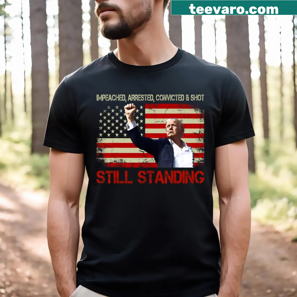 Bold typography T-shirt with political commentary about Trump. — on a men's t-shirt