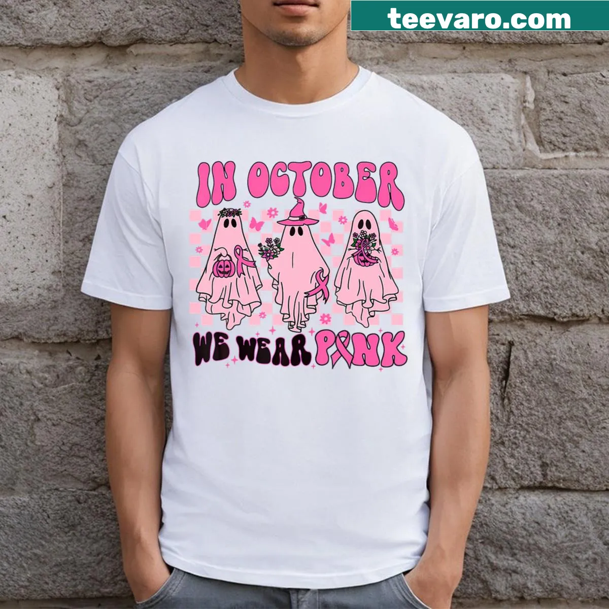 Pink ghosts with text promoting breast cancer awareness — on a men's t-shirt