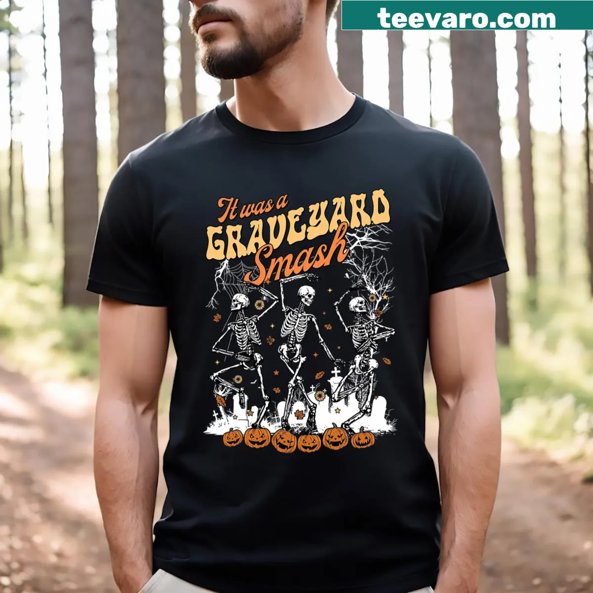 Halloween T-shirt with skeleton graphic and humorous text. — on a men's t-shirt