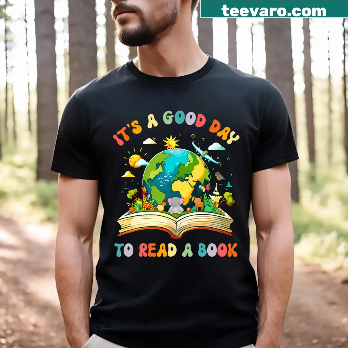 T-shirt promoting reading with the saying 'It's A Good Day To Read A Book' — on a men's t-shirt