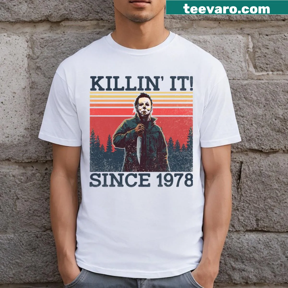 Halloween t-shirt featuring Michael Myers graphic and text — on a men's t-shirt