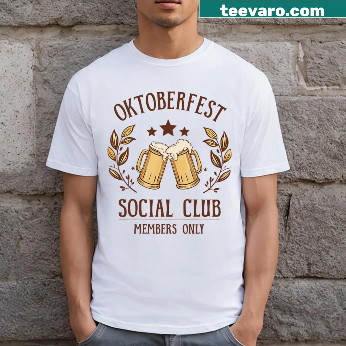 Bold badge-style t-shirt celebrating Oktoberfest and Bavarian beer. — on a men's t-shirt