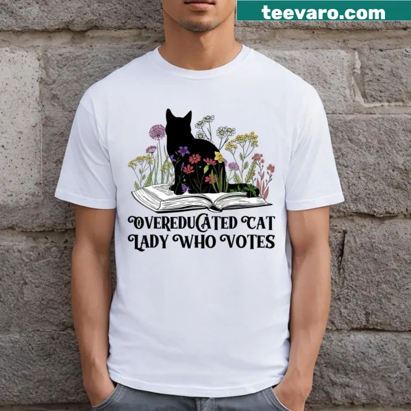 Vintage-style T-shirt featuring a humorous cat lady graphic and voting slogan