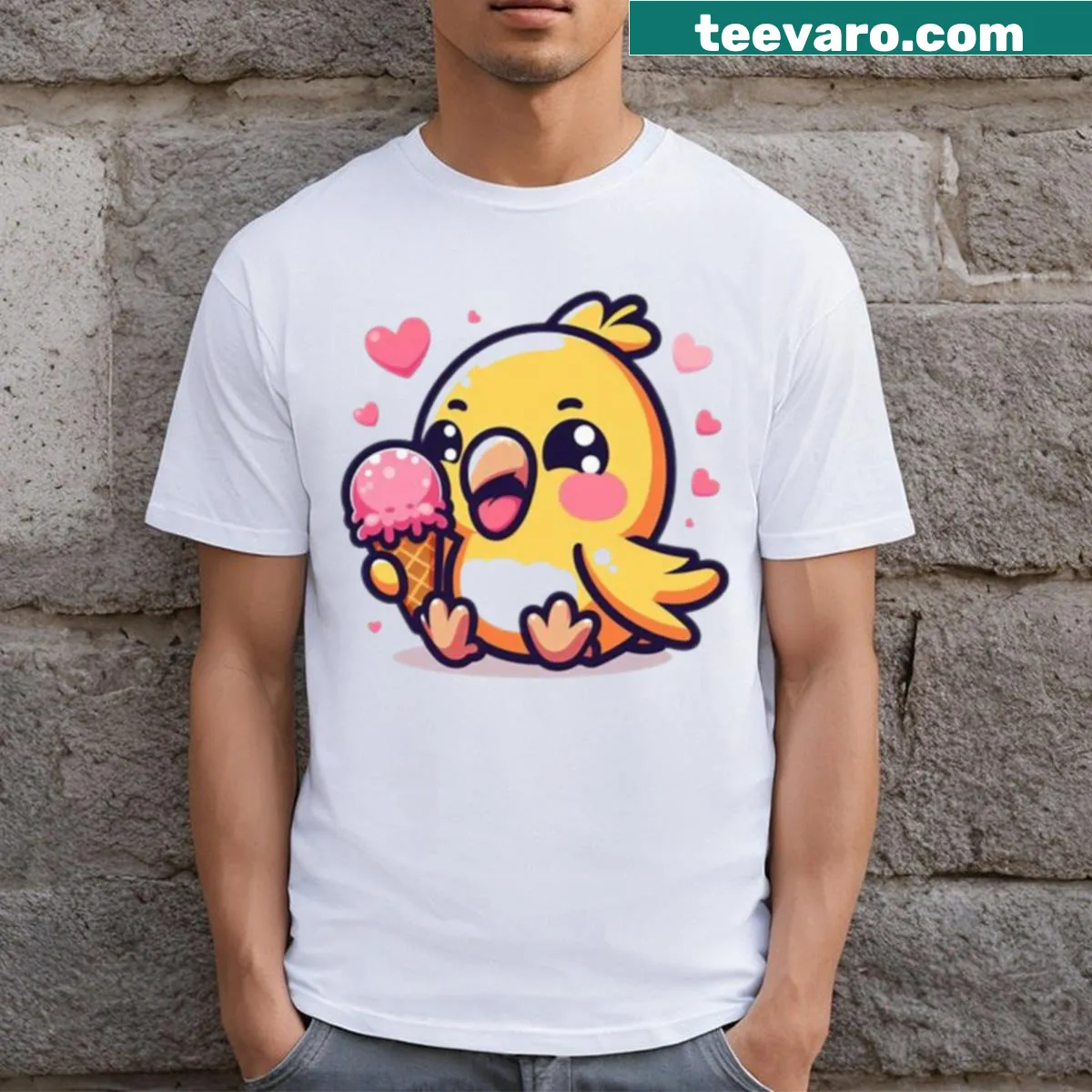 Illustration of a parrot eating ice cream on a T-shirt. — on a men's t-shirt
