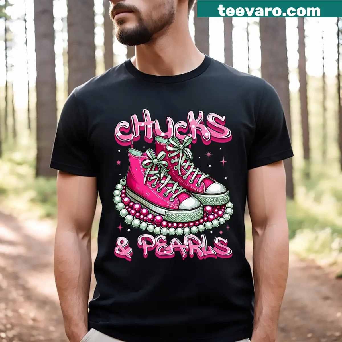 Stylish t-shirt featuring pink chucks and pearls graphic — on a men's t-shirt