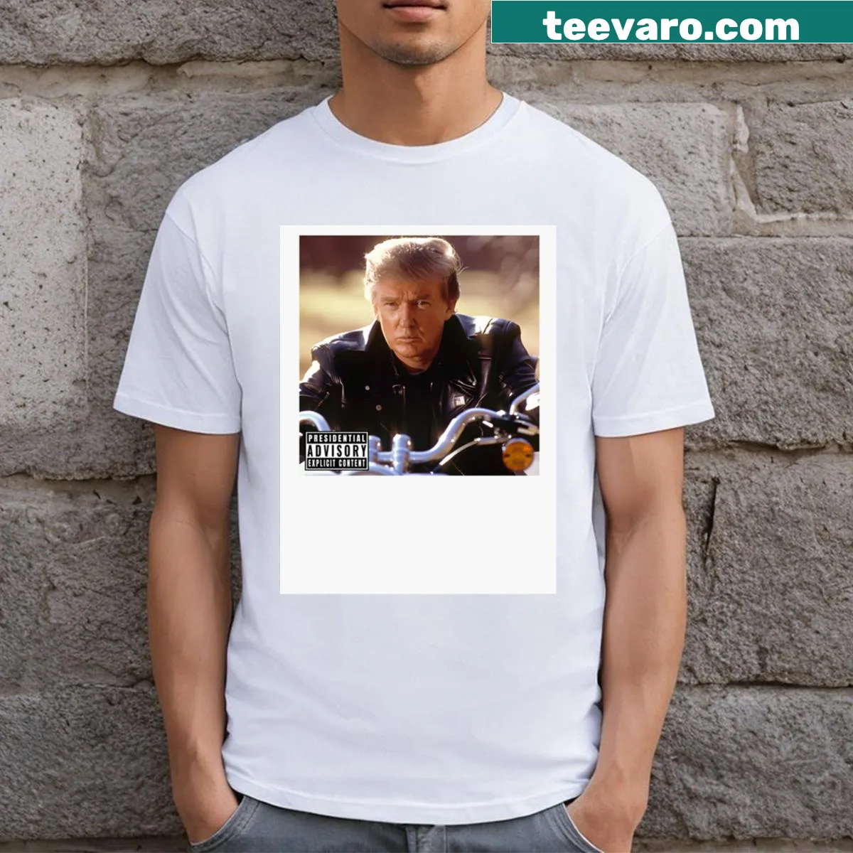 Retro photo of President Trump riding a chopper — on a men's t-shirt