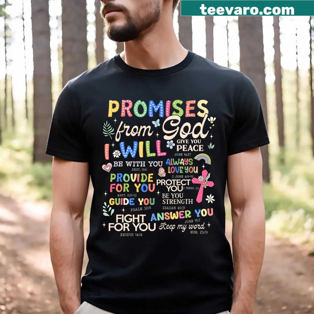 T-shirt featuring a cross and inspirational Bible verse design — on a men's t-shirt