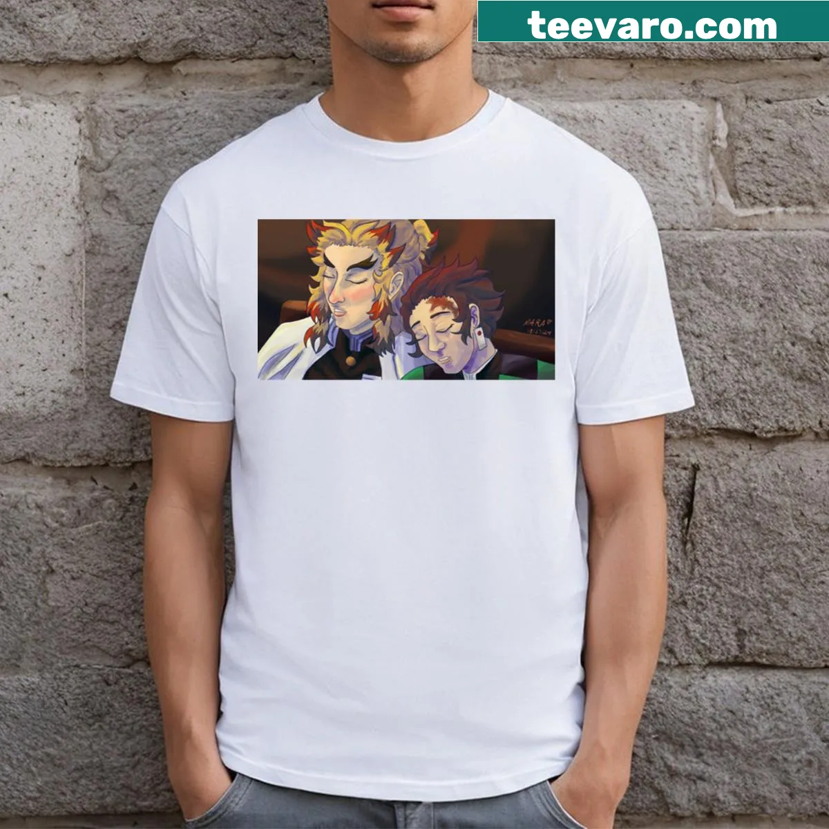 Illustration of Rengoku and Tanjiro on Mugen Train on a T-shirt — on a men's t-shirt