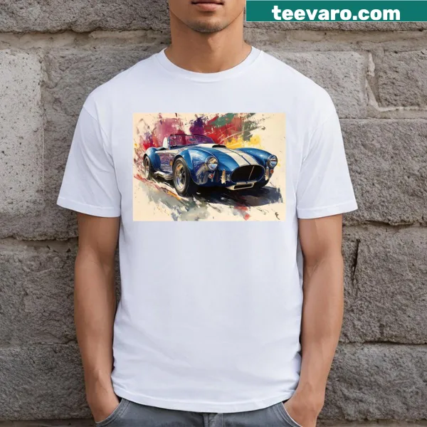 Vintage-style t-shirt featuring a Shelby Cobra design in blue and white