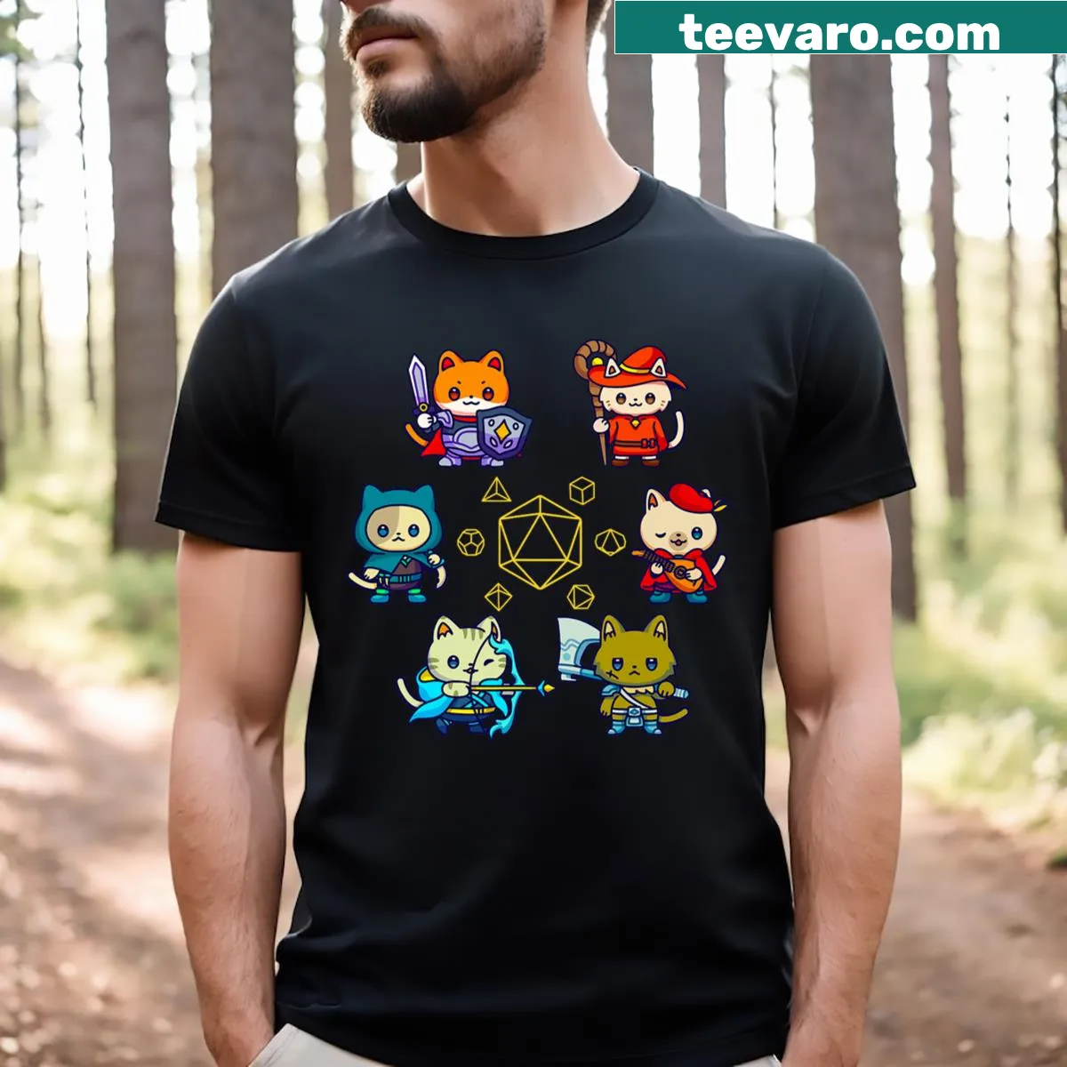 Playful t-shirt with cat characters and D20 dice for young gamers — on a men's t-shirt