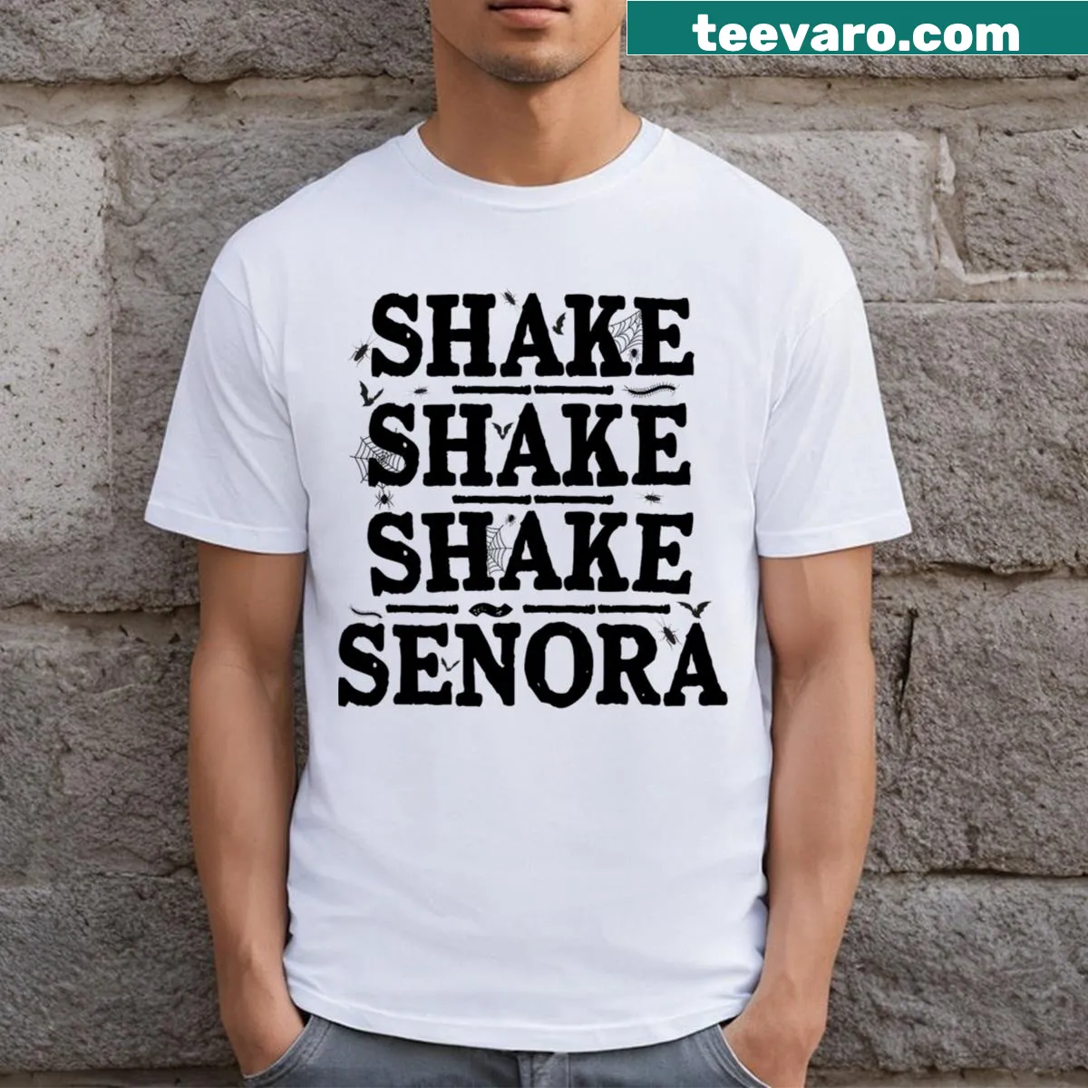 Funny Halloween T-shirt with retro 'Shake Shake Shake' graphic — on a men's t-shirt