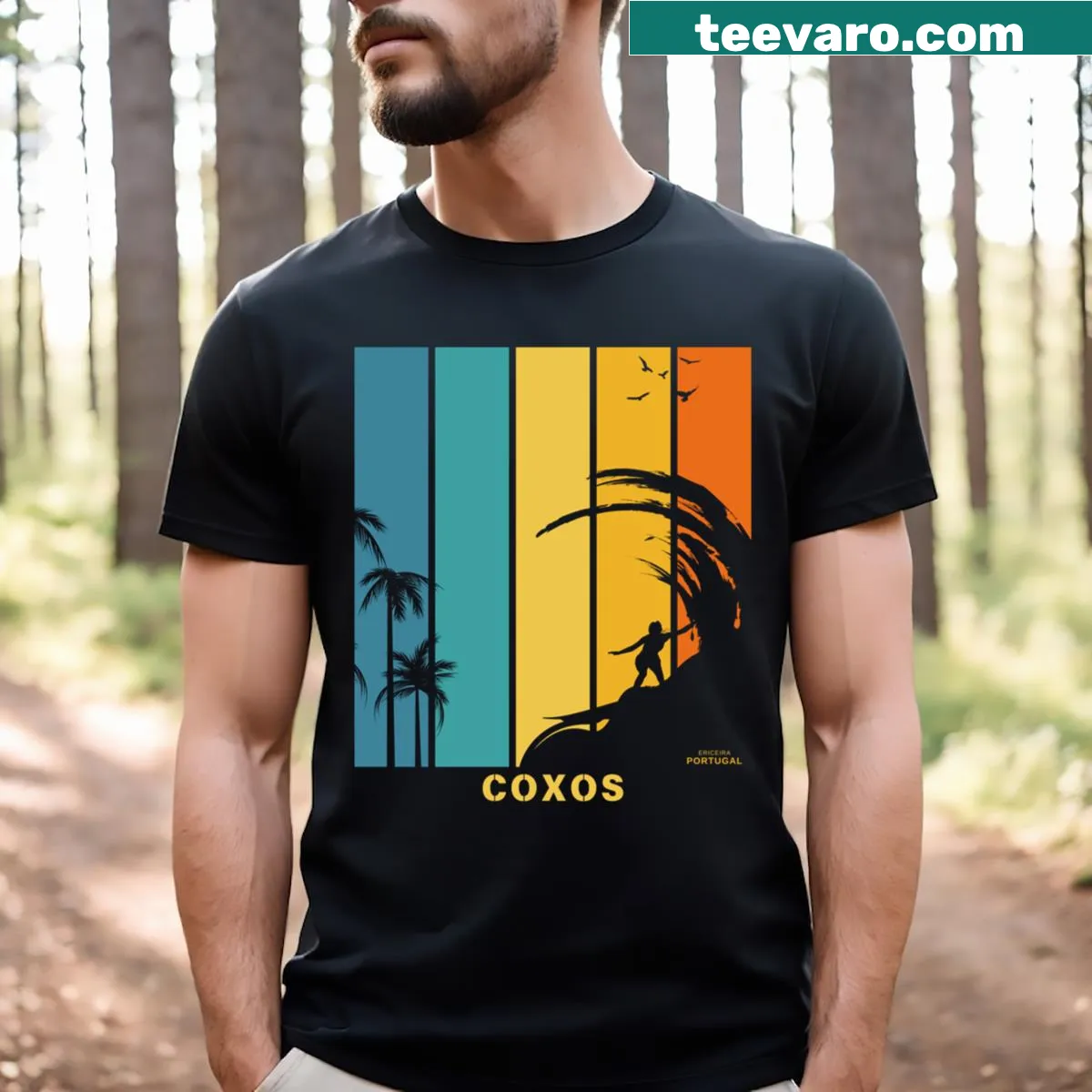 T-shirt with a design inspired by Coxos beach, Portugal, ideal for surfers — on a men's t-shirt