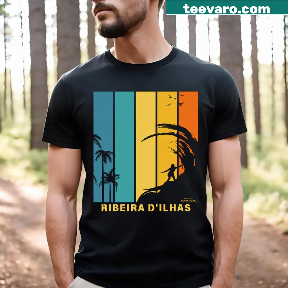 T-shirt inspired by Ribeira Dilhas beach in Portugal, perfect for surfers — on a men's t-shirt