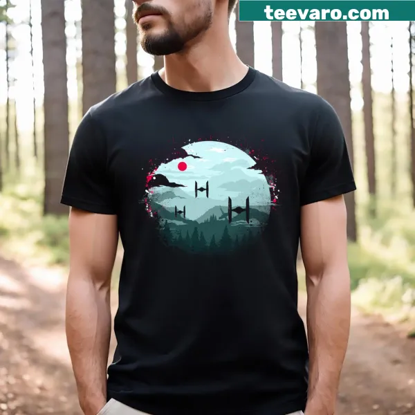 Iconic Tie Fighters graphic on a sci-fi themed T-shirt