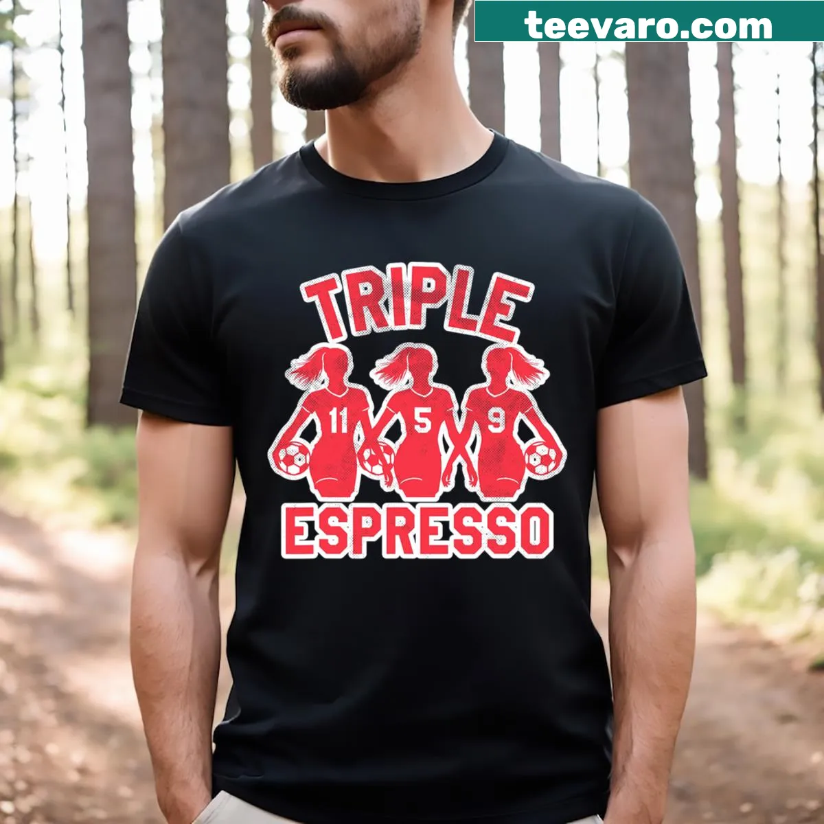 Playful soccer-themed T-shirt with espresso reference — on a men's t-shirt