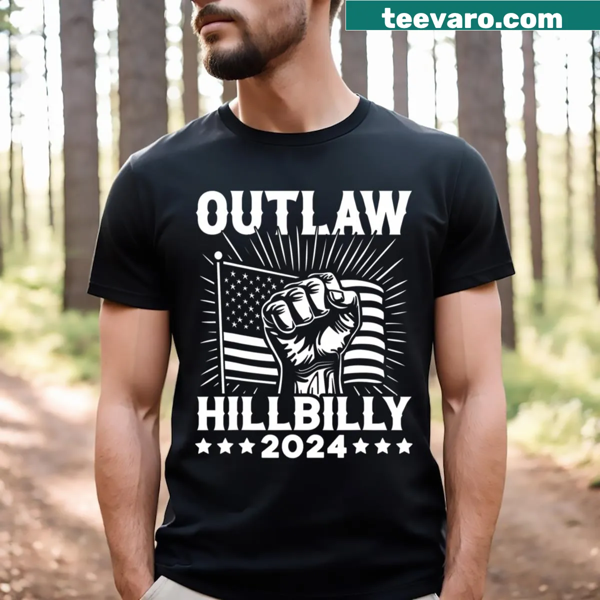 Patriotic T-shirt with Trump and Vance graphic design — on a men's t-shirt