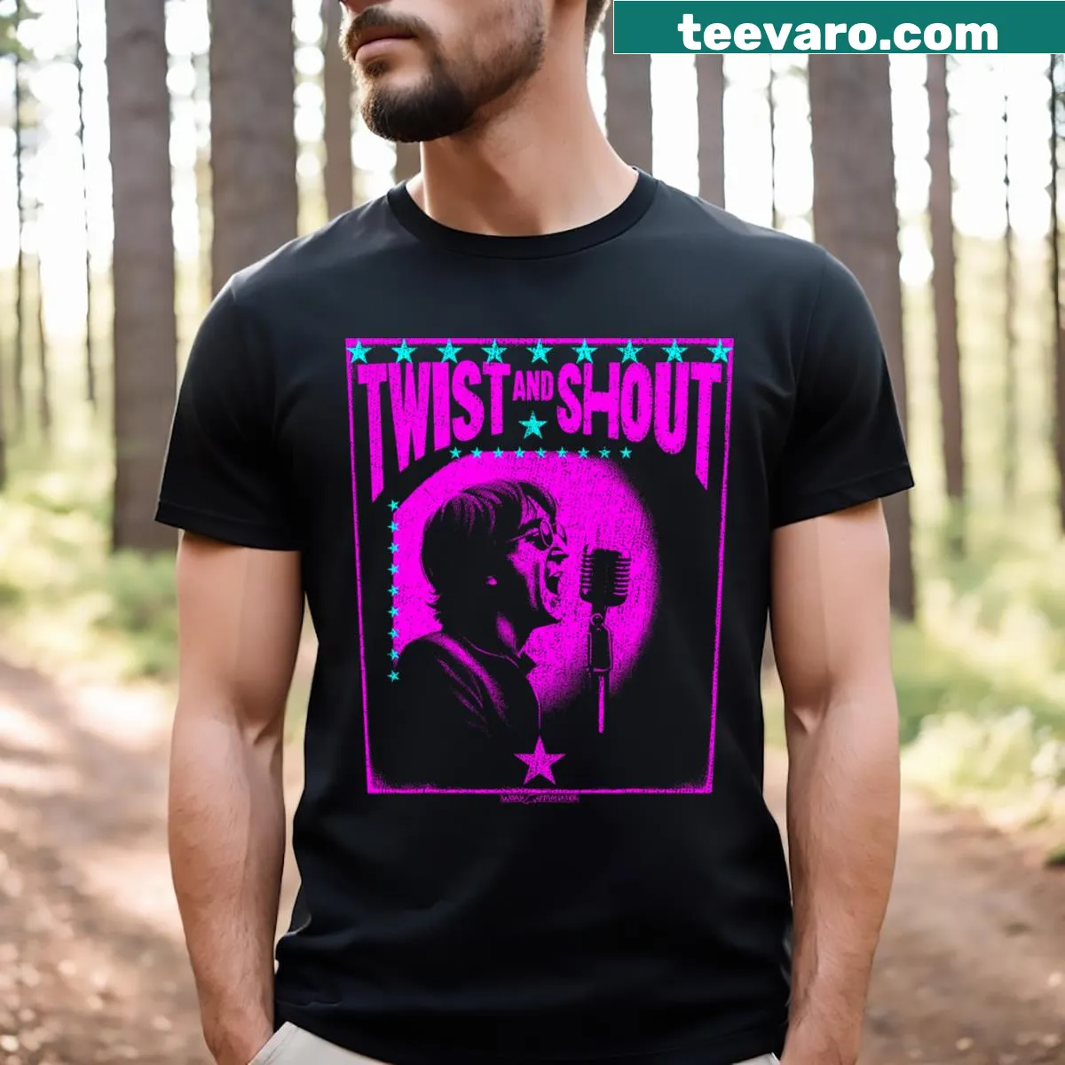 Typography T-shirt featuring the phrase Twist And Shout — on a men's t-shirt